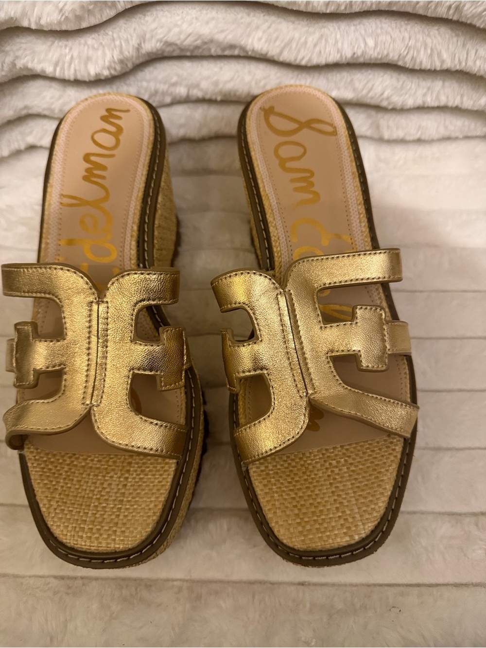 Sam Edelman Metallic Gold Leather Woven Slide Sandals